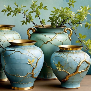 Azure Harmony Kintsugi-Style Ceramic Vase