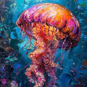 Neon Abyss: Abstract Impasto Jellyfish Oil Painting